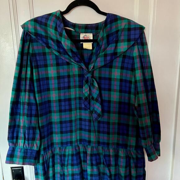 Vintage Lanz Drop Waist Black Watch Plaid Dress SZ14 - Picture 3 of 6